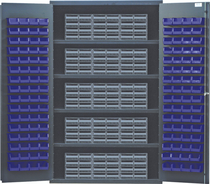 QSC-QIC83BL Heavy-Duty 48" Bin Cabinet, interlocking drawer storage, 48"W x 24"D x 78"H, 400 lb. load capacity per shelf, 14 gauge all welded construction, includes: (4) shelves, (15) QIC-86 gray interlocking drawers and (128) QUS210 blue bins