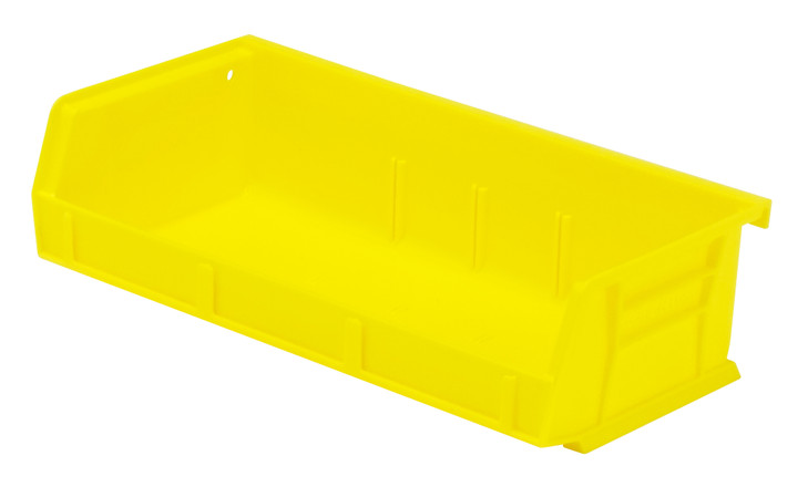 QUS232YLCS Bin, stacking or hanging, 11"W x 5-3/8"D x 3"H, front/back/side grips, anti-slide lock, (3) divider slot, rear hanger, molded-in label holder, polypropylene, yellow, Made in USA