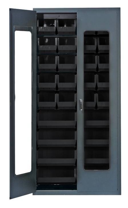 QSC-C240250BK Heavy-Duty 36" Bin Cabinet, 36"W x 18"D x 78"H, clear acrylic door model, 14 gauge all welded construction, includes: (20) QUS240 and (8) QUS250 black bins, gray powder-coated finish
