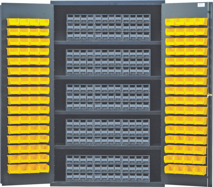 QSC-QIC122YL Heavy-Duty 48" Bin Cabinet, interlocking drawer storage, 48"W x 24"D x 78"H, 400 lb. load capacity per shelf, 14 gauge all welded construction, includes: (4) shelves, (15) QIC-122 gray interlocking drawers and (128) QUS210 yellow bins