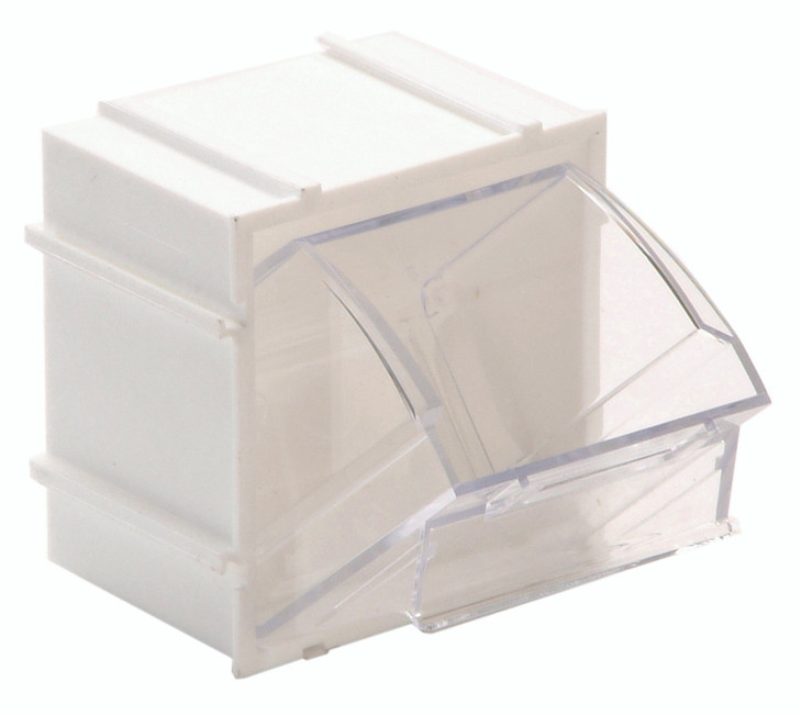 QTB409WT Tip Out Bin, (1) compartment, 2-3/8"W x 2-13/16"D x 3"H, handle with label slot, opens to a 45° angle, plastic clear container, polystyrene white cabinet, Made in USA