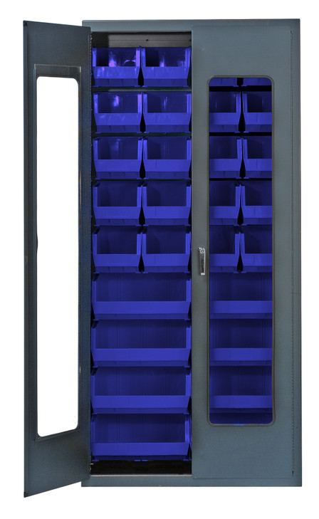 QSC-C240250BL Heavy-Duty 36" Bin Cabinet, 36"W x 18"D x 78"H, clear acrylic door model, 14 gauge all welded construction, includes: (20) QUS240 and (8) QUS250 blue bins, gray powder-coated finish