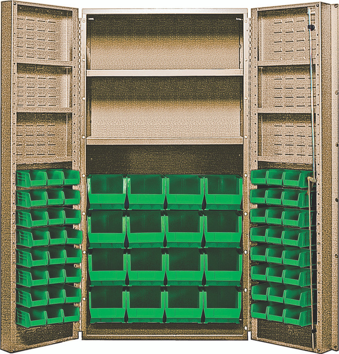 QSC-BG-64-2S-6DSGN Heavy-Duty 36" Bin Cabinet, 36"W x 24"D x 72"H, 800 lb. capacity per interior shelf and 60 lb. capacity per foor shelf, 14 gauge all welded construction, includes: (48) QUS220 and (16) QUS240 green bins, beige power coated finish