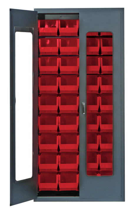 QSC-C240RD Heavy-Duty 36" Bin Cabinet, 36"W x 18"D x 78"H, clear acrylic door model, 14 gauge all welded construction, includes: (36) QUS240 red bins, gray powder-coated finish