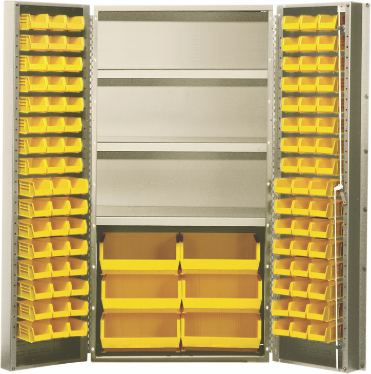 QSC-BG-36S-38YL Heavy-Duty 36" Bin Cabinet, 36"W x 24"D x 72"H, 800 lb. capacity per interior shelf, 14 gauge all welded construction, includes: (3) adjustable shelves, (16) QUS232, (16) QUS236 and (6) QUS250 yellow bins, beige powder-coated finish