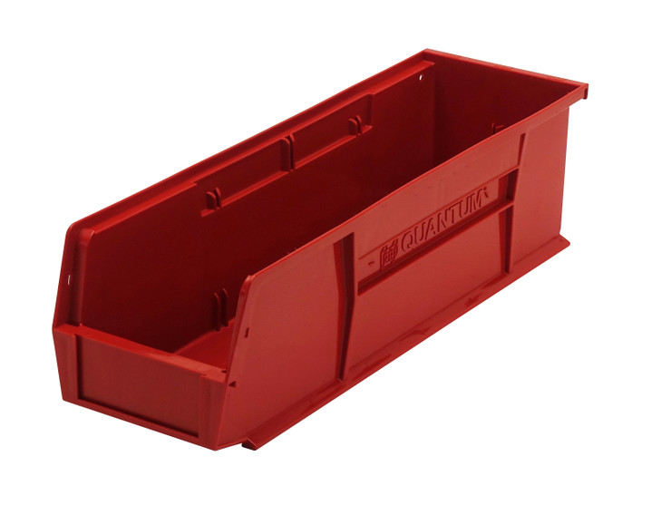 QUS238RDCS Bin, stacking or hanging, 5-1/2"W x 18"D x 5"H, front/back/side grips, anti-slide lock, (1) divider slot, rear hanger, molded-in label holder, polypropylene, red, Made in USA