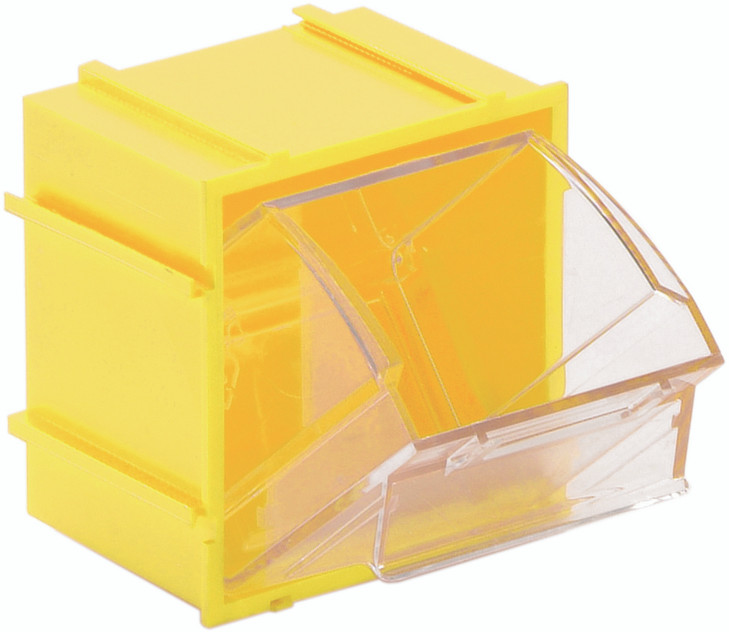 QTB409YL Tip Out Bin, (1) compartment, 2-3/8"W x 2-13/16"D x 3"H, handle with label slot, opens to a 45° angle, plastic clear container, polystyrene yellow cabinet, Made in USA