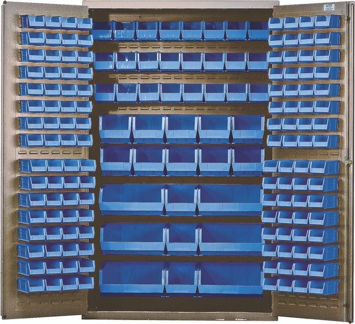 QSC-BG-48BL Heavy-Duty 48" Bin Cabinet, 48"W x 24"D x 78"H, 14 gauge all welded construction, includes: (64) QUS210, (64) QUS220, (24) QUS230, (13) QUS240 and (6) QUS250 blue bins, beige powder-coated finish