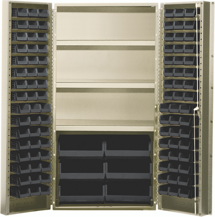 QSC-BG-36SBK Heavy-Duty 36" Bin Cabinet, 36"W x 24"D x 72"H, 800 lb. capacity per interior shelf, 14 gauge all welded construction, includes: (3) adjustable shelves, (48) QUS210, (48) QUS220 and (6) QUS250 black bins, beige powder-coated finish