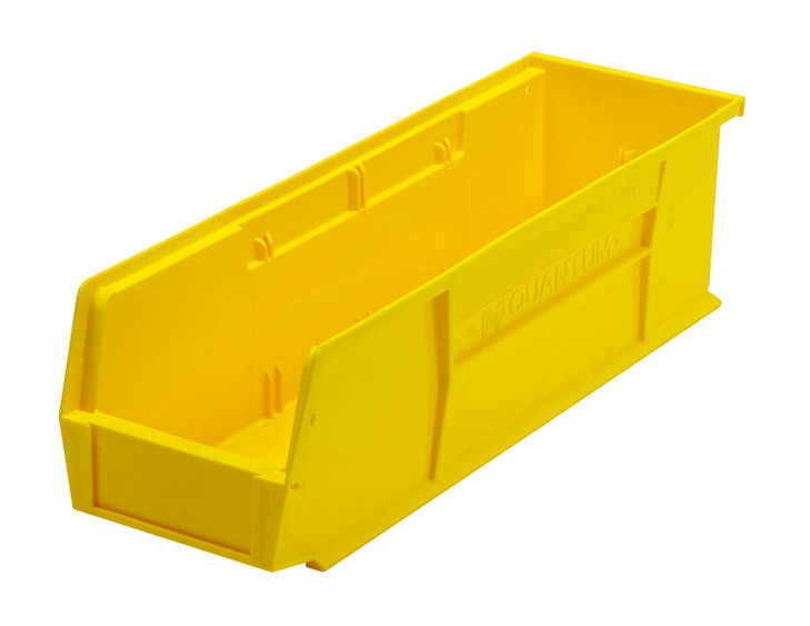 QUS238YLCS Bin, stacking or hanging, 5-1/2"W x 18"D x 5"H, front/back/side grips, anti-slide lock, (1) divider slot, rear hanger, molded-in label holder, polypropylene, yellow, Made in USA