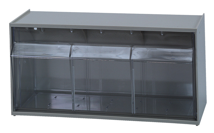 QTB410GY Dividable Tip Out Bin, (2) compartment, 23-5/8"W x 5-1/4"D x 5-15/16"H, handle with label slot, opens to a 45° angle, plastic clear container, polystyrene gray cabinet, Made in USA