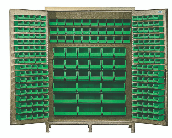 QSC-BG-60GN Heavy-Duty 60" Bin Cabinet, 60"W x 24"D x 84"H, 14 gauge all welded construction, includes: (80) QUS210, (90) QUS220, (30) QUS230, (18) QUS240 and (9) QUS250 green bins, beige powder-coated finish