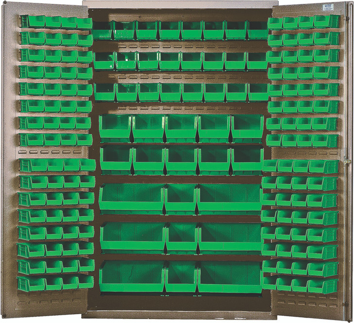 QSC-BG-48GN Heavy-Duty 48" Bin Cabinet, 48"W x 24"D x 78"H, 14 gauge all welded construction, includes: (64) QUS210, (64) QUS220, (24) QUS230, (13) QUS240 and (6) QUS250 green bins, beige powder-coated finish