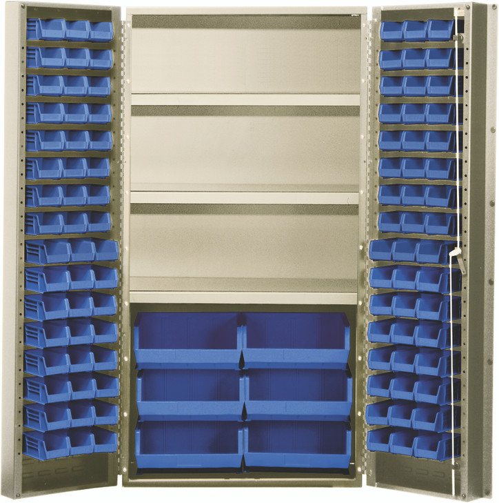 QSC-BG-36SBL Heavy-Duty 36" Bin Cabinet, 36"W x 24"D x 72"H, 800 lb. capacity per interior shelf, 14 gauge all welded construction, includes: (3) adjustable shelves, (48) QUS210, (48) QUS220 and (6) QUS250 blue bins, beige powder-coated finish