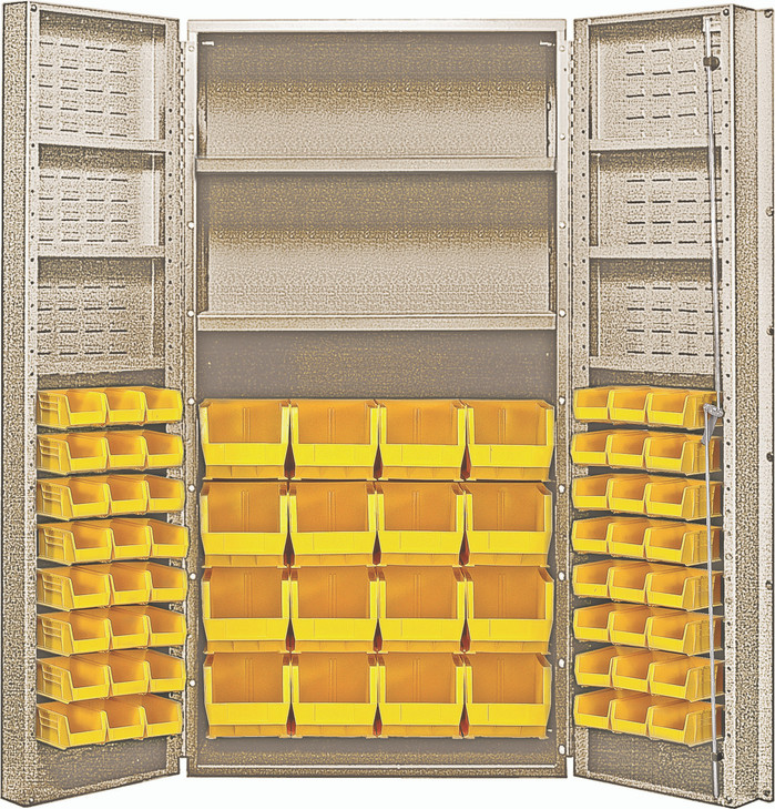QSC-BG-64-2S-6DSYL Heavy-Duty 36" Bin Cabinet, 36"W x 24"D x 72"H, 800 lb. capacity per interior shelf and 60 lb. capacity per foor shelf, 14 gauge all welded construction, includes: (48) QUS220 and (16) QUS240 yellow bins, beige power coated finish