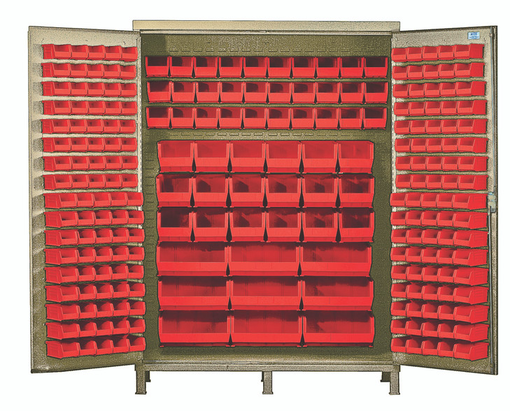 QSC-BG-60RD Heavy-Duty 60" Bin Cabinet, 60"W x 24"D x 84"H, 14 gauge all welded construction, includes: (80) QUS210, (90) QUS220, (30) QUS230, (18) QUS240 and (9) QUS250 red bins, beige powder-coated finish