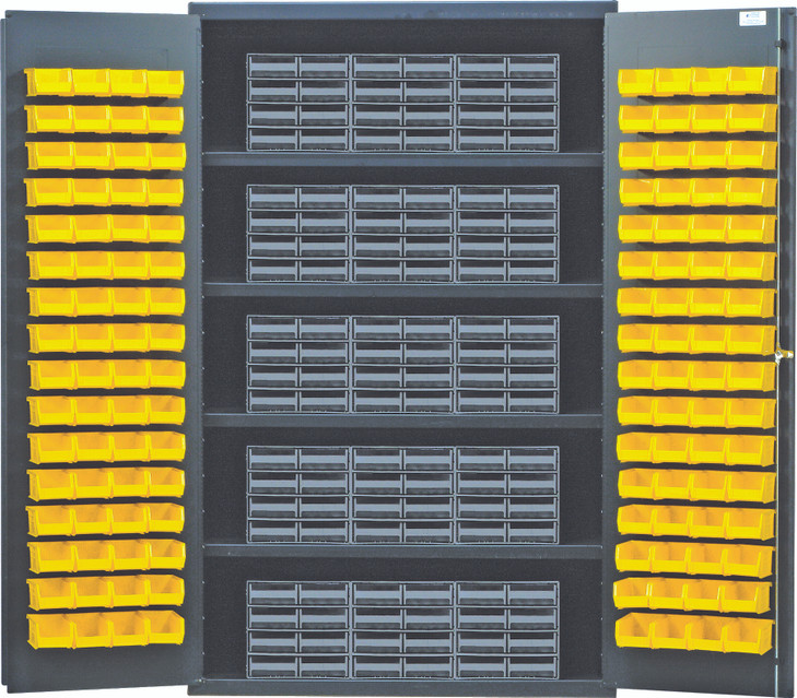 QSC-QIC83YL Heavy-Duty 48" Bin Cabinet, interlocking drawer storage, 48"W x 24"D x 78"H, 400 lb. load capacity per shelf, 14 gauge all welded construction, includes: (4) shelves, (15) QIC-86 gray interlocking drawers and (128) QUS210 yellow bins