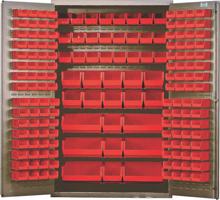 QSC-BG-48RD Heavy-Duty 48" Bin Cabinet, 48"W x 24"D x 78"H, 14 gauge all welded construction, includes: (64) QUS210, (64) QUS220, (24) QUS230, (13) QUS240 and (6) QUS250 red bins, beige powder-coated finish