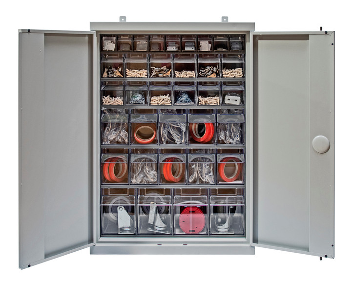 QSC-QTB36-35 Tip Out Bin Cabinet, 26-1/4"W x 10"D x 36-1/2"H, flush door model, includes: (1) QTB304, (2) QTB305, (2) QTB306 and (1) QTB309 gray tip out bins, gray finish