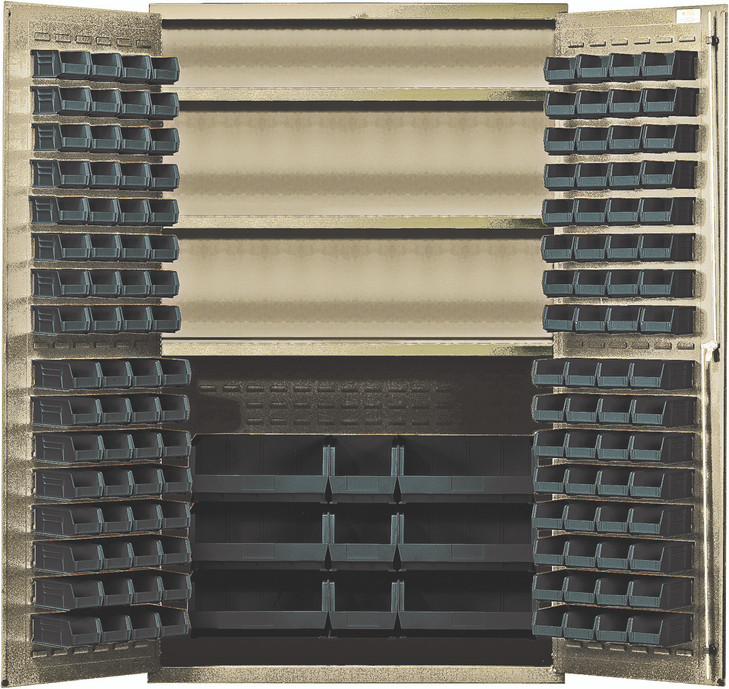 QSC-BG-48SBK Heavy-Duty 48" Bin Cabinet, 48"W x 24"D x 78"H, 400 lb. capacity per interior shelf, 14 gauge all welded construction, includes: (3) adjustable shelves, (64) QUS210, (64) QUS220, (3) QUS240 and (6) QUS250 black bins