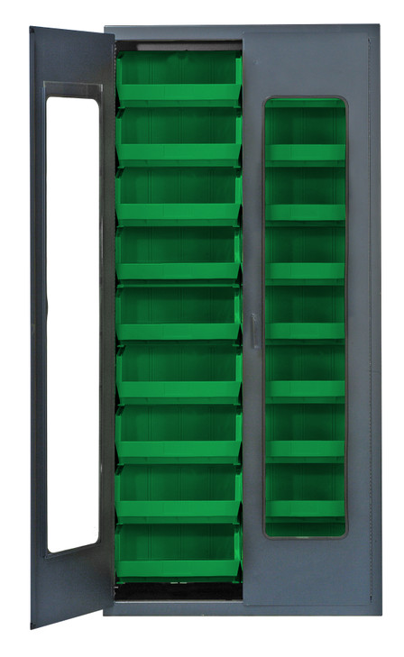 QSC-C250GN Heavy-Duty 36" Bin Cabinet, 36"W x 18"D x 78"H, clear acrylic door model, 14 gauge all welded construction, includes: (18) QUS250 green bins, gray powder-coated finish