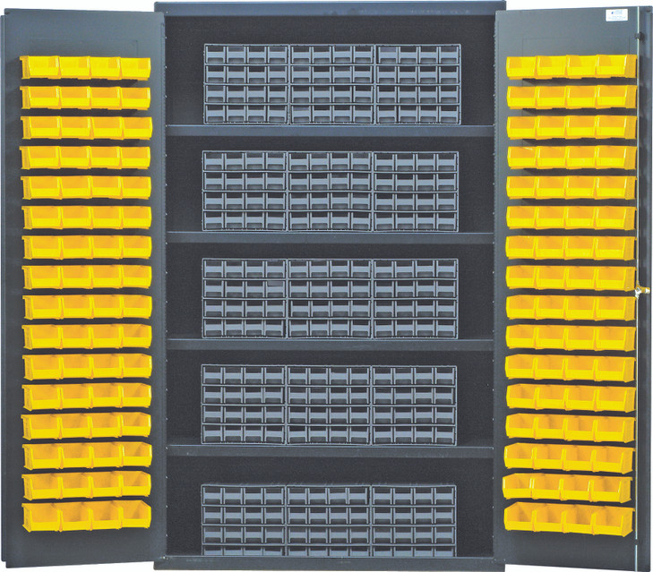 QSC-QIC161YL Heavy-Duty 48" Bin Cabinet, interlocking drawer storage, 48"W x 24"D x 78"H, 400 lb. load capacity per shelf, 14 gauge all welded construction, includes: (4) shelves, (15) QIC-161 gray interlocking drawers and (128) QUS210 yellow bins