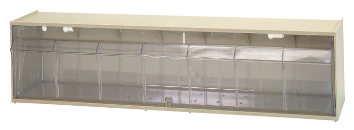 QTB412IV Dividable Tip Out Bin, (1) compartment, 23-5/8"W x 5-1/4"D x 5-15/16"H, handle with label slot, opens to a 45° angle, plastic clear container, polystyrene ivory cabinet, Made in USA
