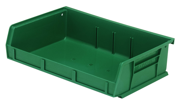 QUS236GNCS Bin, stacking or hanging, 11"W x 7-3/8"D x 3"H, front/back/side grips, anti-slide lock, (3) divider slot, rear hanger, molded-in label holder, polypropylene, green, Made in USA