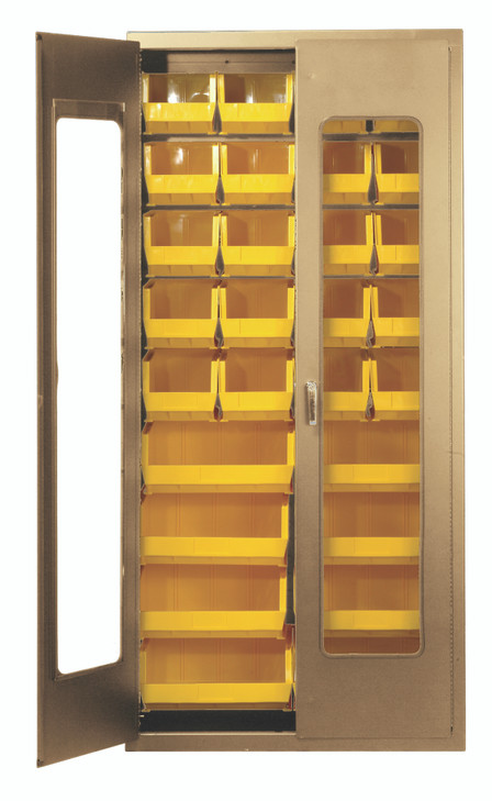 QSC-BG-C240250YL Heavy-Duty 36" Bin Cabinet, 36"W x 18"D x 78"H, clear acrylic door model, 14 gauge all welded construction, includes: (20) QUS240 and (8) QUS250 yellow bins, beige powder-coated finish