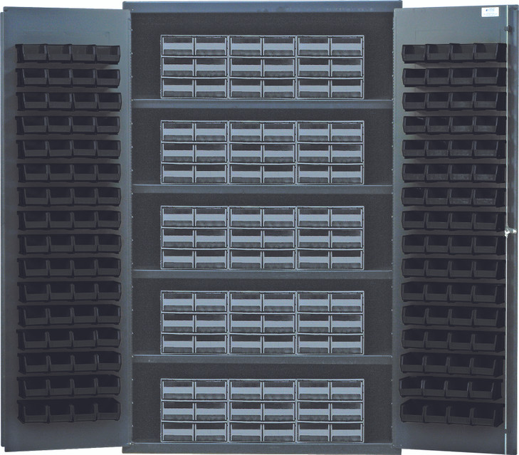 QSC-QIC64BK Heavy-Duty 48" Bin Cabinet, interlocking drawer storage, 48"W x 24"D x 78"H, 400 lb. load capacity per shelf, 14 gauge all welded construction, includes: (4) shelves, (15) QIC-64 gray interlocking drawers and (128) QUS210 black bins