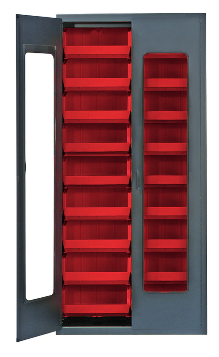 QSC-C250RD Heavy-Duty 36" Bin Cabinet, 36"W x 18"D x 78"H, clear acrylic door model, 14 gauge all welded construction, includes: (18) QUS250 red bins, gray powder-coated finish