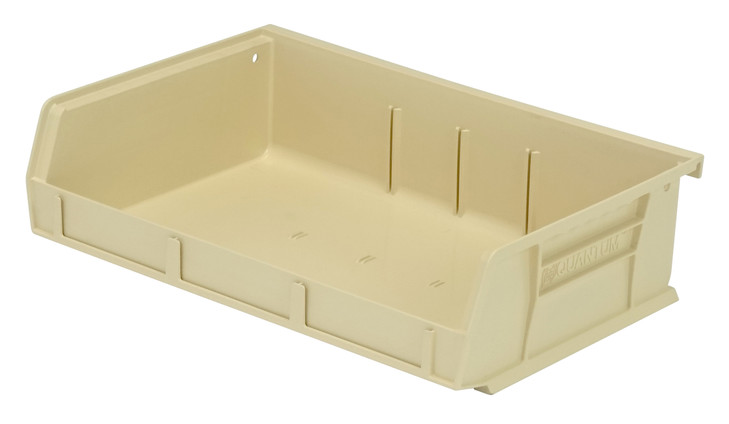 QUS236IVCS Bin, stacking or hanging, 11"W x 7-3/8"D x 3"H, front/back/side grips, anti-slide lock, (3) divider slot, rear hanger, molded-in label holder, polypropylene, ivory, Made in USA