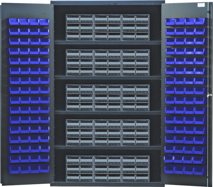 QSC-QIC64BL Heavy-Duty 48" Bin Cabinet, interlocking drawer storage, 48"W x 24"D x 78"H, 400 lb. load capacity per shelf, 14 gauge all welded construction, includes: (4) shelves, (15) QIC-64 gray interlocking drawers and (128) QUS210 blue bins