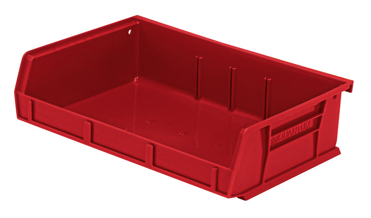 QUS236RDCS Bin, stacking or hanging, 11"W x 7-3/8"D x 3"H, front/back/side grips, anti-slide lock, (3) divider slot, rear hanger, molded-in label holder, polypropylene, red, Made in USA