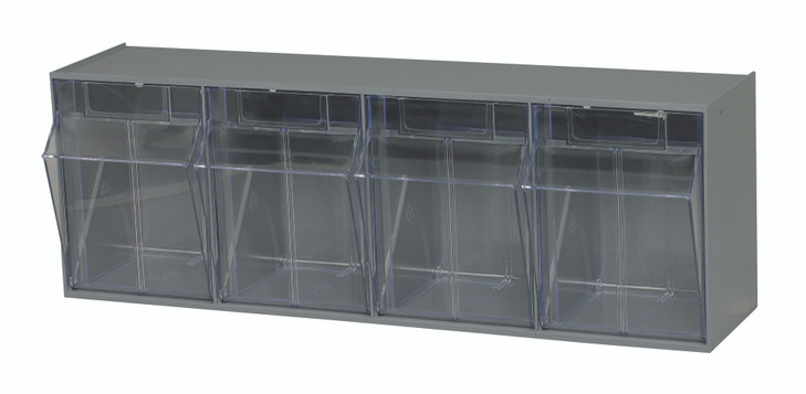 QTB304GY Tip Out Bin, (4) compartment, handle with label slot, opens to a 45° angle, plastic clear container, polystyrene gray cabinet, Made in USA
