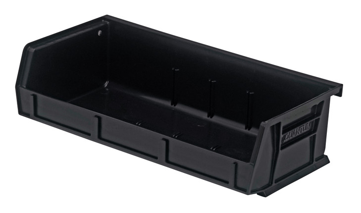 QUS232BRCS Bin, stacking or hanging, 11"W x 5-3/8"D x 3"H, front/back/side grips, anti-slide lock, (3) divider slots, rear hanger, molded-in label holder, polypropylene, black, Made in USA
