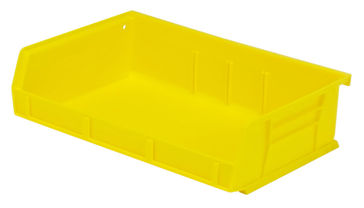 QUS236YLCS Bin, stacking or hanging, 11"W x 7-3/8"D x 3"H, front/back/side grips, anti-slide lock, (3) divider slot, rear hanger, molded-in label holder, polypropylene, yellow, Made in USA