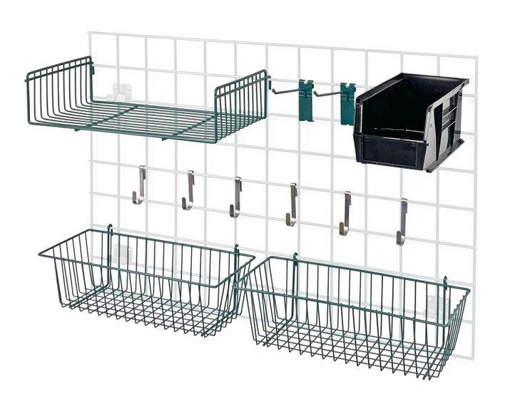 SG-A2BK Store Grid Accessory Pack 1, includes: (2) 17"L x 7"W x 5"H basket, (1) 9"W x 18"L small shelf, (2) 6" hook, (6) small hook, (1) single bin holder and (1) QUS230 bin (available in blue, black, ivory, red, yellow and black)