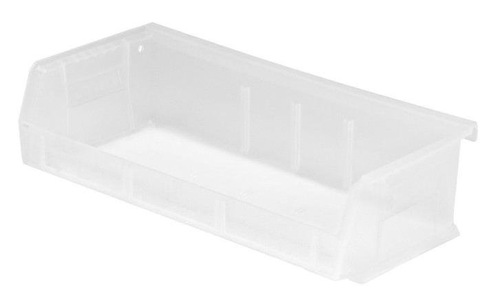 QUS232CLCS Bin, stacking or hanging, 11"W x 5-3/8"D x 3"H, front/back/side grips, anti-slide lock, (3) divider slots, rear hanger, molded-in label holder, polypropylene, clear, Made in USA