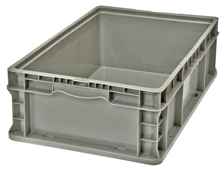 RSO2415-7 Stacker Straight Wall Container, 24"L x 15"W x 7-1/2"H, up to 175 lbs. stack capacity, injection molded high density polyethylene, built-in hand grips on two sides, gray