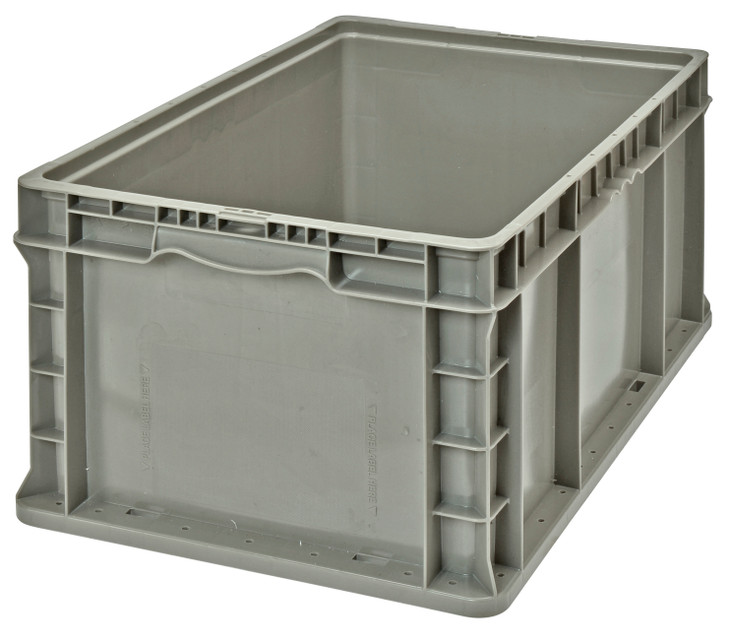 RSO2415-9 Stacker Straight Wall Container, 24"L x 15"W x 9-1/2"H, up to 175 lbs. stack capacity, injection molded high density polyethylene, built-in hand grips on two sides, gray