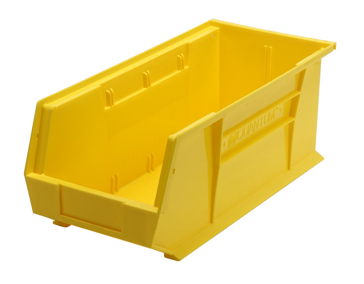 QUS248YLCS Bin, stacking or hanging, 8-1/4"W x 18"D x 7"H, front/back/side grips, anti-slide lock, (1) divider slot, rear hanger, molded-in label holder, polypropylene, yellow, Made in USA