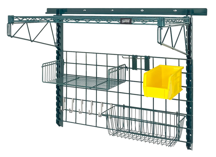 SGK-401836-4PYL Store Grid Medium-Duty Kit, includes: (1) 40" wall track, (2) 31" upright, (2) 18" single cantilever arm, (1) 1836P, (1) 18" x 36" grid panel, (1) 17"L x 7"W x 5"H basket, (1) 9"W x 18"L small shelf, (2) 6" hook, (6) small hook