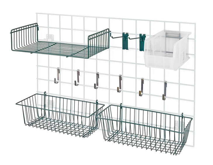SG-A2CL Store Grid Accessory Pack, includes: (2) 17"W x 7"D x 5"H baskets, (1) 18"W x 9"D small shelf, (2) 6" hook, (6) small hook, (1) single bin holder and (1) QUS230 clear bin, green epoxy antimicrobial finish, NSF