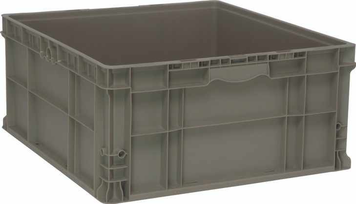 RSO2422-11 Stacker Straight Wall Container, 24"L x 22-1/2"W x 11"H, up to 175 lbs. stack capacity, injection molded high density polyethylene, built-in hand grips on two sides, gray