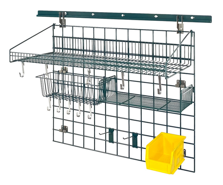 SGK-403036-2PYL Store Grid Standard-Duty Kit, includes: (1) 40" wall track, (1) 30" x 36" grid panel, (1) 18"W x 36"L large shelf, (1) 17"L x 7"W x 5"H basket, (2) 6" hook, (10) small hook, (1) 9"W x 18"L small shelf, (1) single bin holder