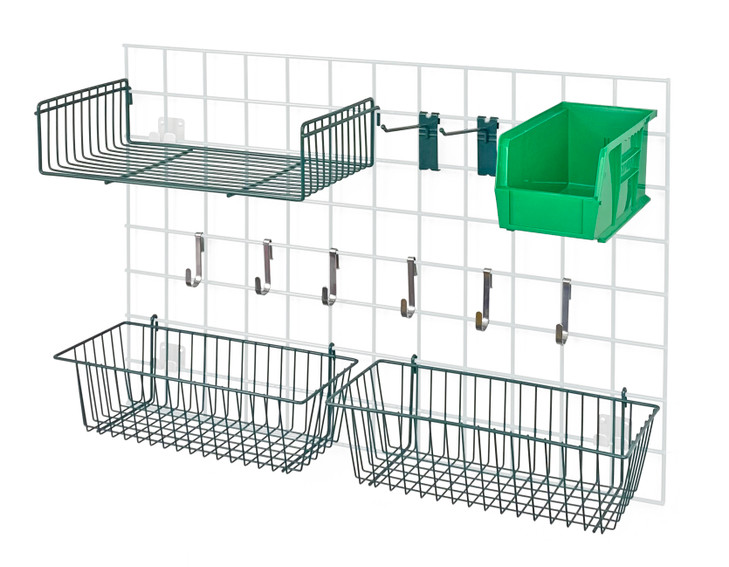 SG-A2GN Store Grid Accessory Pack 1, includes: (2) 17"L x 7"W x 5"H basket, (1) 9"W x 18"L small shelf, (2) 6" hook, (6) small hook, (1) single bin holder and (1) QUS230 bin (available in blue, green, ivory, red, yellow and green)