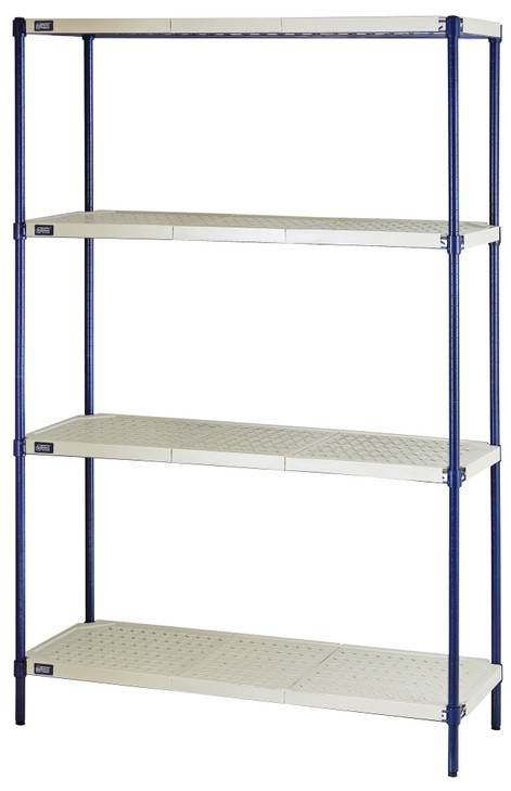 RPWR72-1860E Shelving Unit, 4-tier, 600 lb. weight capacity per shelf, includes: (4) open grid dishwasher safe plastic mat shelves, (4) adjustable increments steel posts with blue anti-bacterial finish, (4) wire frames
