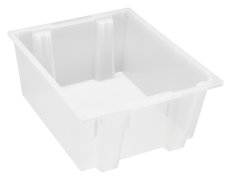 SNT225CL Stack and Nest Tote, 23-1/2"W x 19-1/2"D x 10"H, heavy duty, 2.00 cu. ft. capacity, clear polypropylene, Made in USA (priced per each, 3 each per carton)