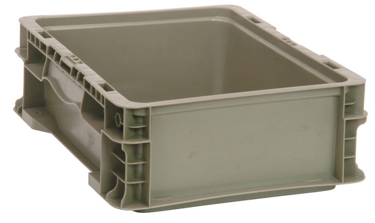 RSO1215-5 Stacker Straight Wall Container, 12"L x 15"W x 5"H, up to 175 lbs. stack capacity, injection molded high density polyethylene, built-in hand grips on two sides, gray